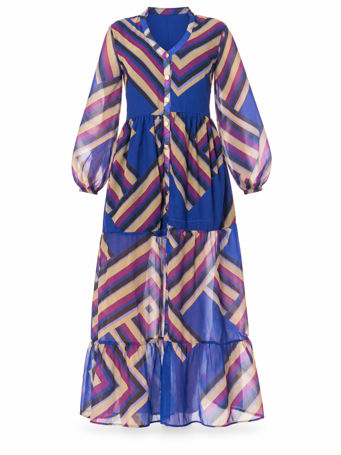 ABITO A BALZE CHIFFON STAMPA GEOMETRIC  - BLU-VIOLA